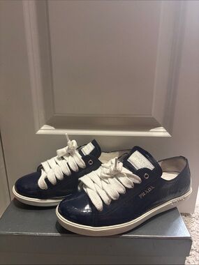 Prada Navy Patent Leather Sneakers with White Laces